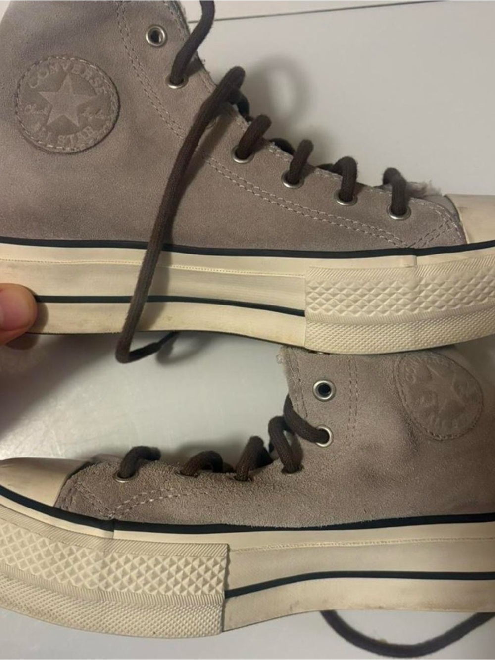 Converse fur lined high top sneakers in beige and brown